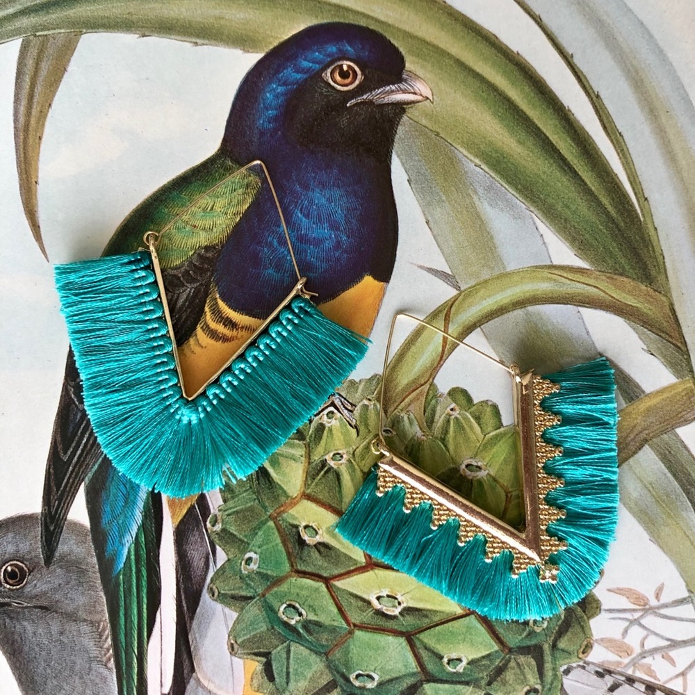 Teal Tassel Fringe Earrings - Picture 3 of 3